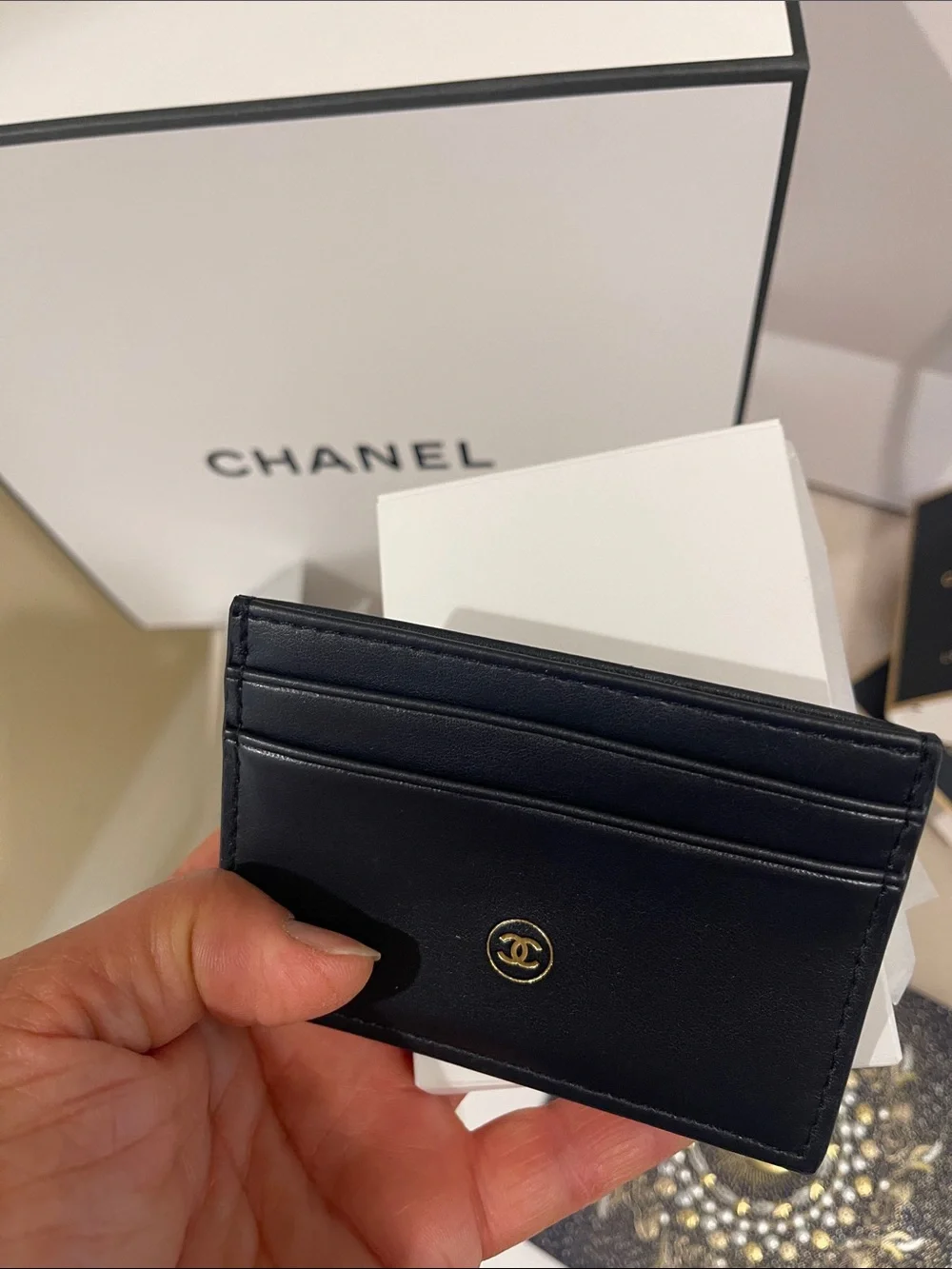 CHANEL Men’s Black Wallet & White Gift Presentation Set with Navy Accents